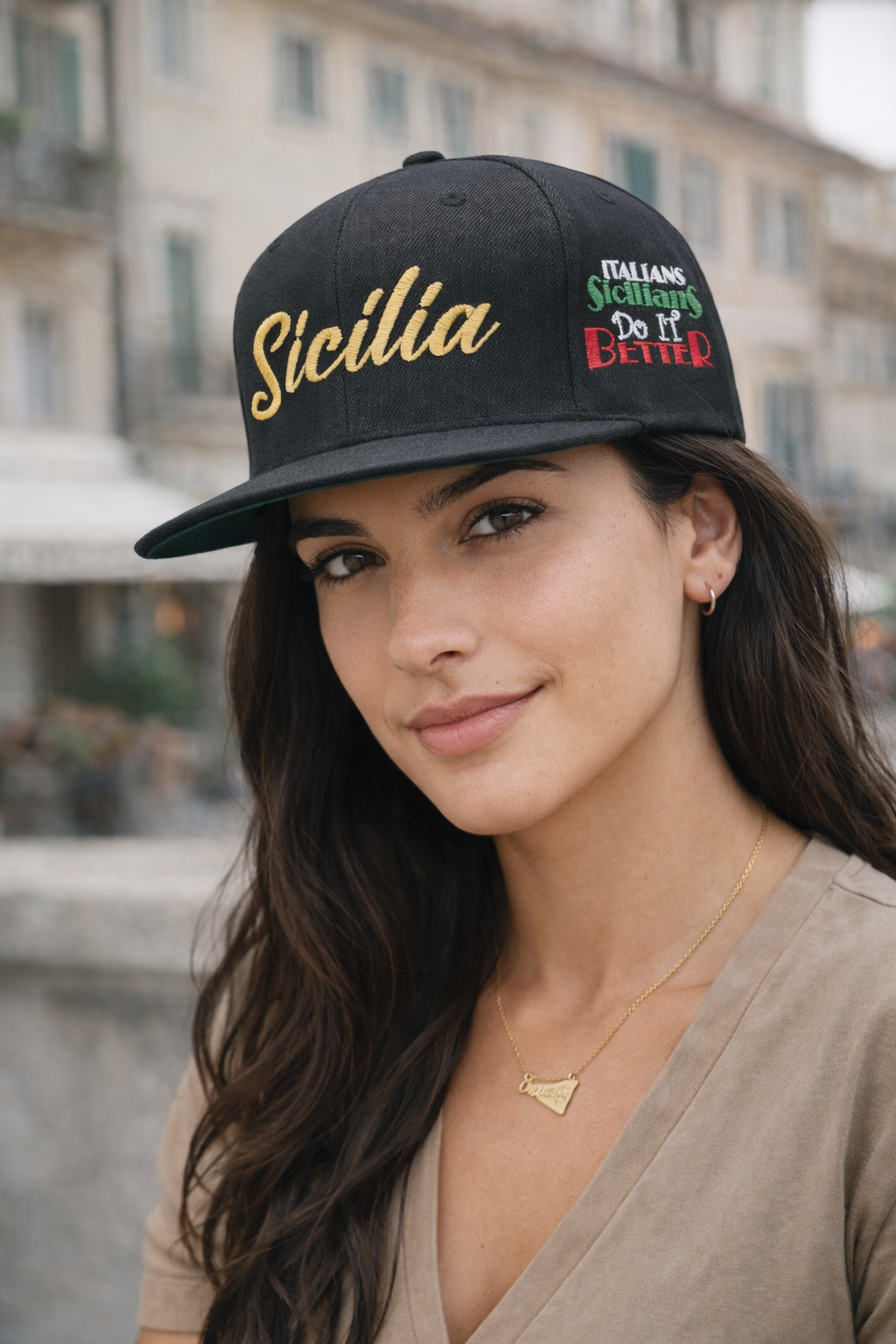 Sicilia Gold Writing Black Snapback Hat with Italian Sicilians Do It Better Logo