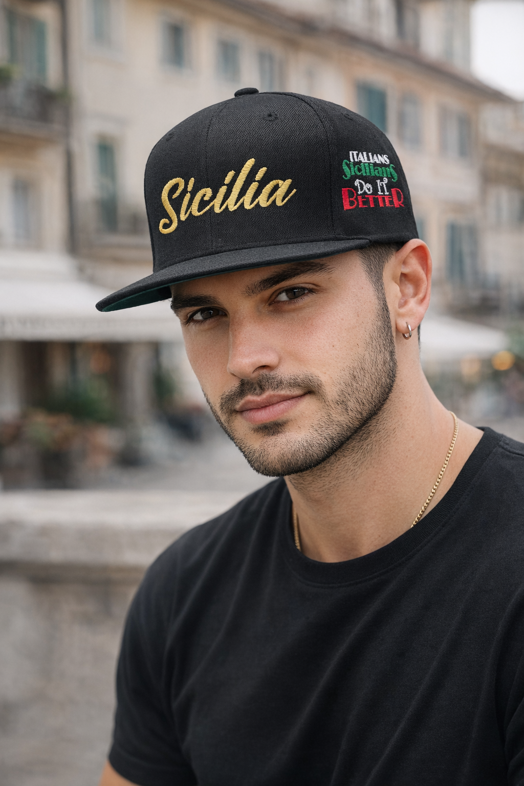 Sicilia Gold Writing Black Snapback Hat with Italian Sicilians Do It Better Logo